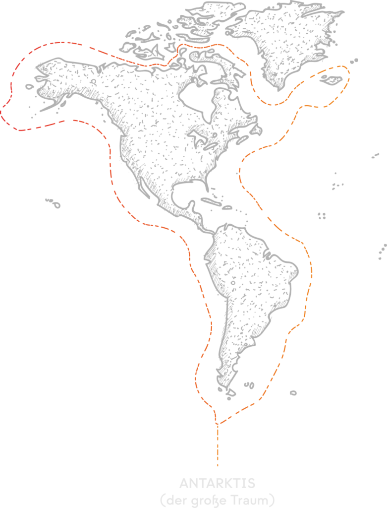 Handgezeichnete Missionskarte des amerikanischen Kontinents mit gestrichelten roten und orangefarbenen Linien.